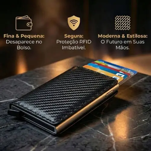 Homem segurando carteira slim compacta na mão